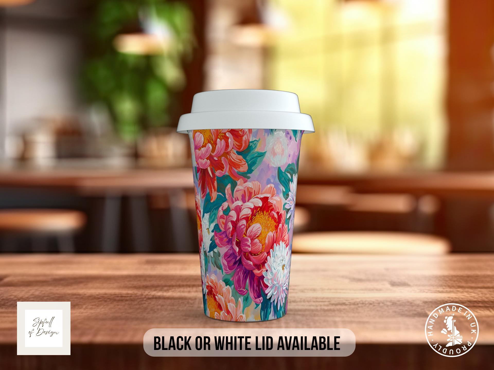 Birth Month Flowers Travel Mug - November Chrysanthemum - double insulated handmade coffee mug - Black or White Lid - Sipfull of Design