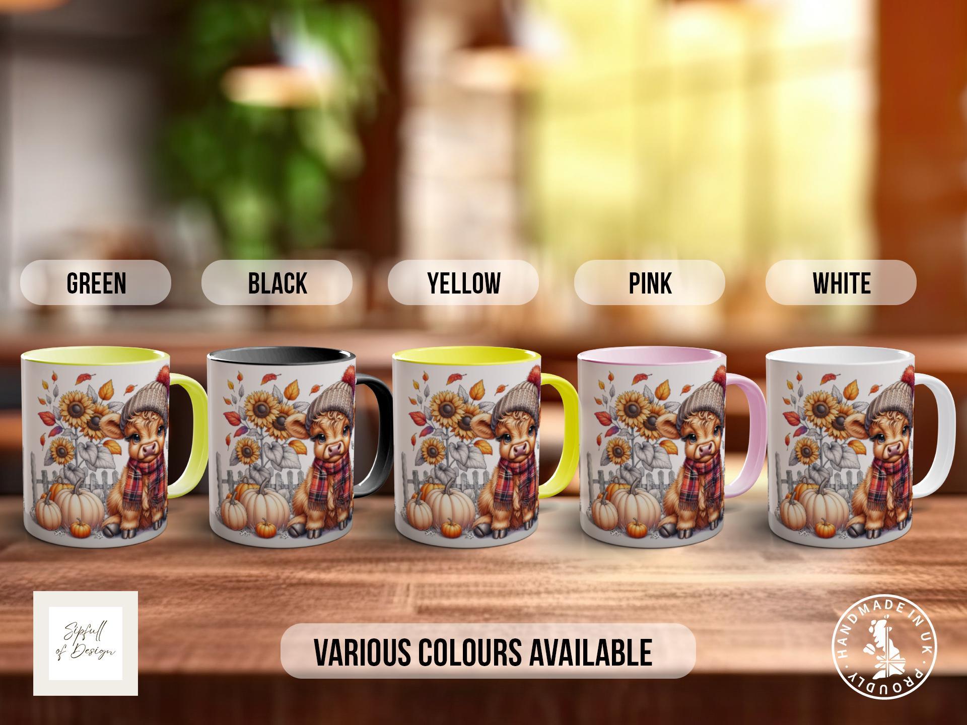 Fall Highland Cow Mug - Coloured 11oz, Bone China 10oz and 15oz and Latte 12oz options - Sipfull of Design