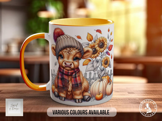 Fall Highland Cow Mug - Coloured 11oz, Bone China 10oz and 15oz and Latte 12oz options - Sipfull of Design