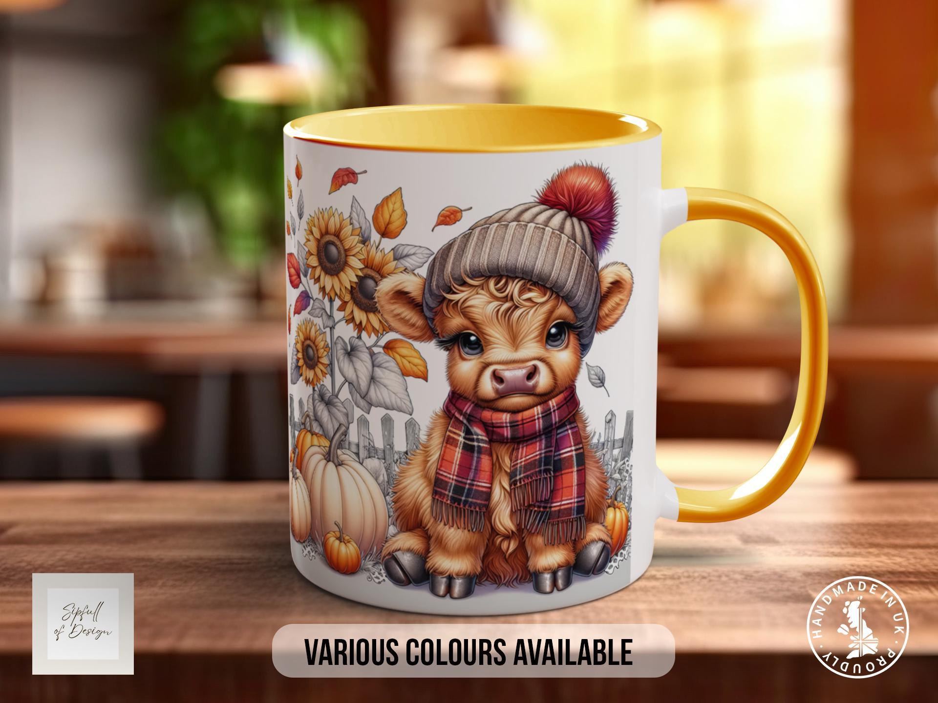 Fall Highland Cow Mug - Coloured 11oz, Bone China 10oz and 15oz and Latte 12oz options - Sipfull of Design