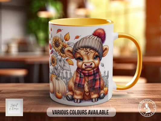 Fall Highland Cow Mug - Coloured 11oz, Bone China 10oz and 15oz and Latte 12oz options - Sipfull of Design