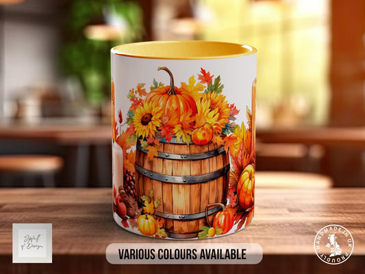 Fall Barrel Pumpkin Mug - Coloured 11oz, Bone China 10oz and 15oz and Latte 12oz options - Sipfull of Design