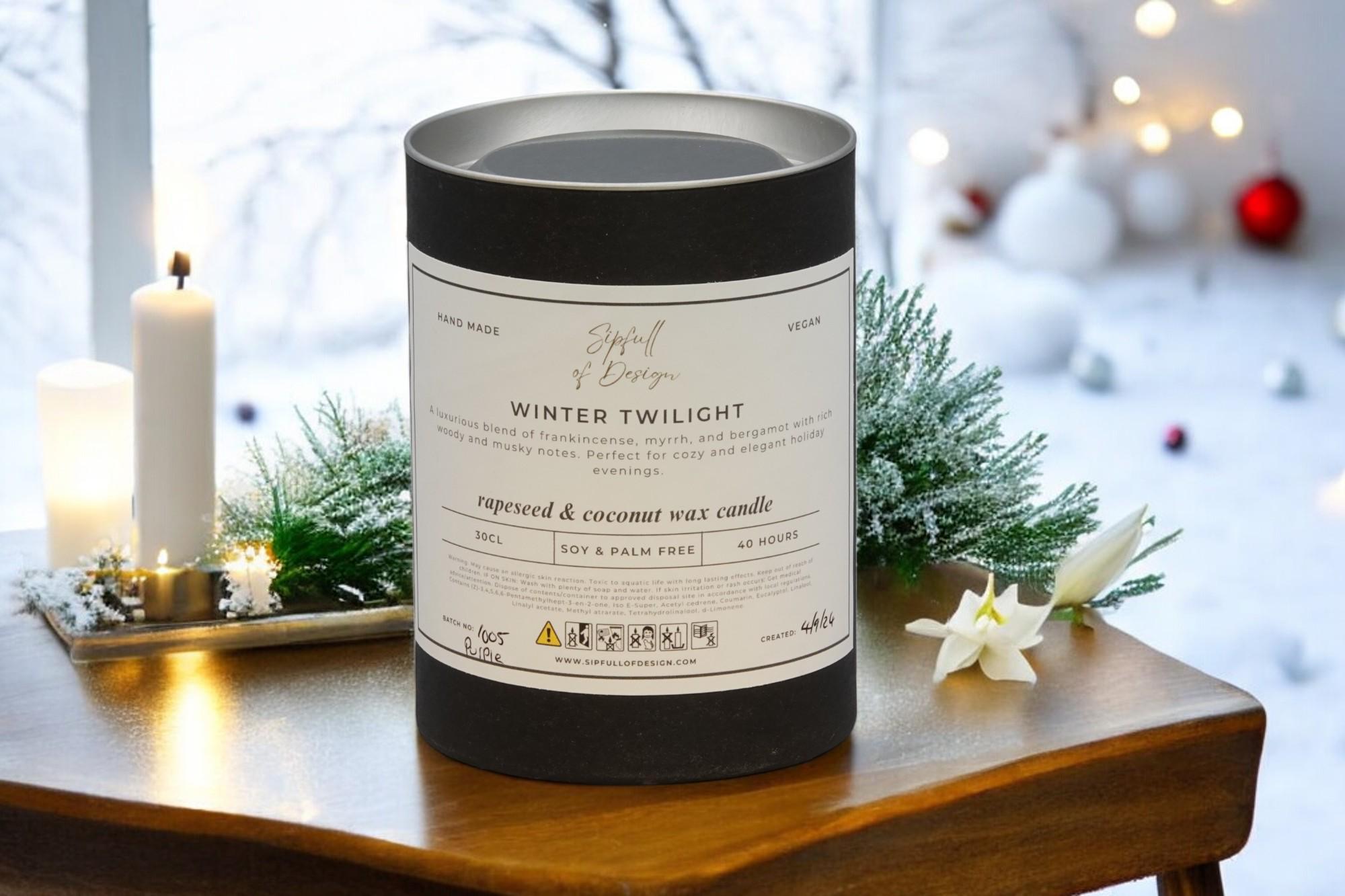 Winter Twilight Luxury Scented Natural Wax Personalised Candle - 40+ hours burn time - Custom Message - Sipfull of Design