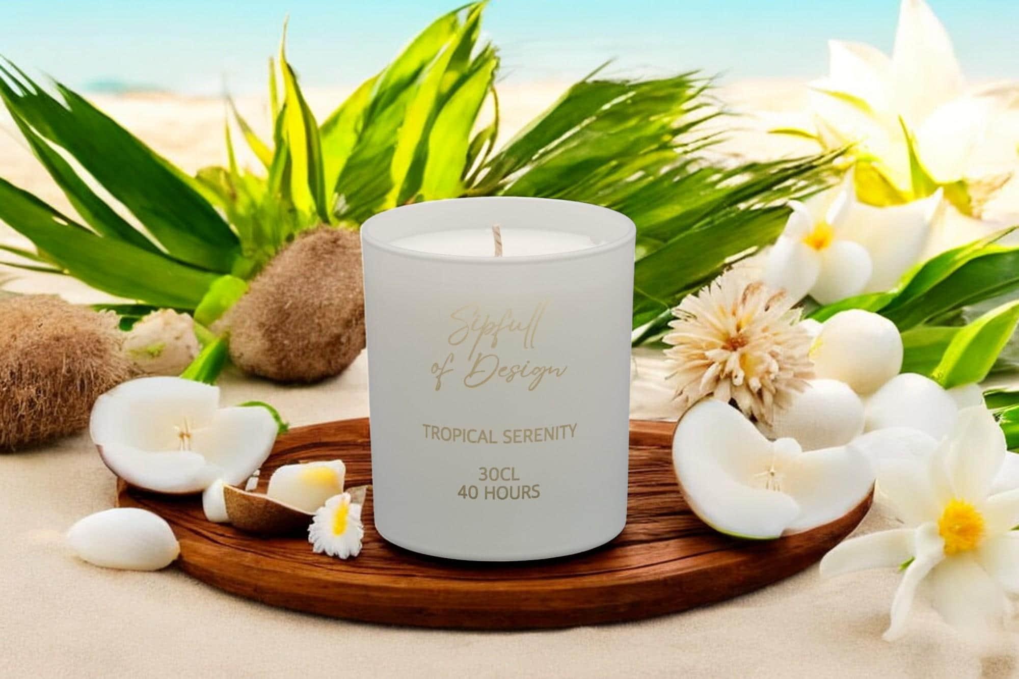 Tropical Serenity Luxury Scented Natural Wax Personalised Candle - 40+ hours burn time - Sipfull of Design