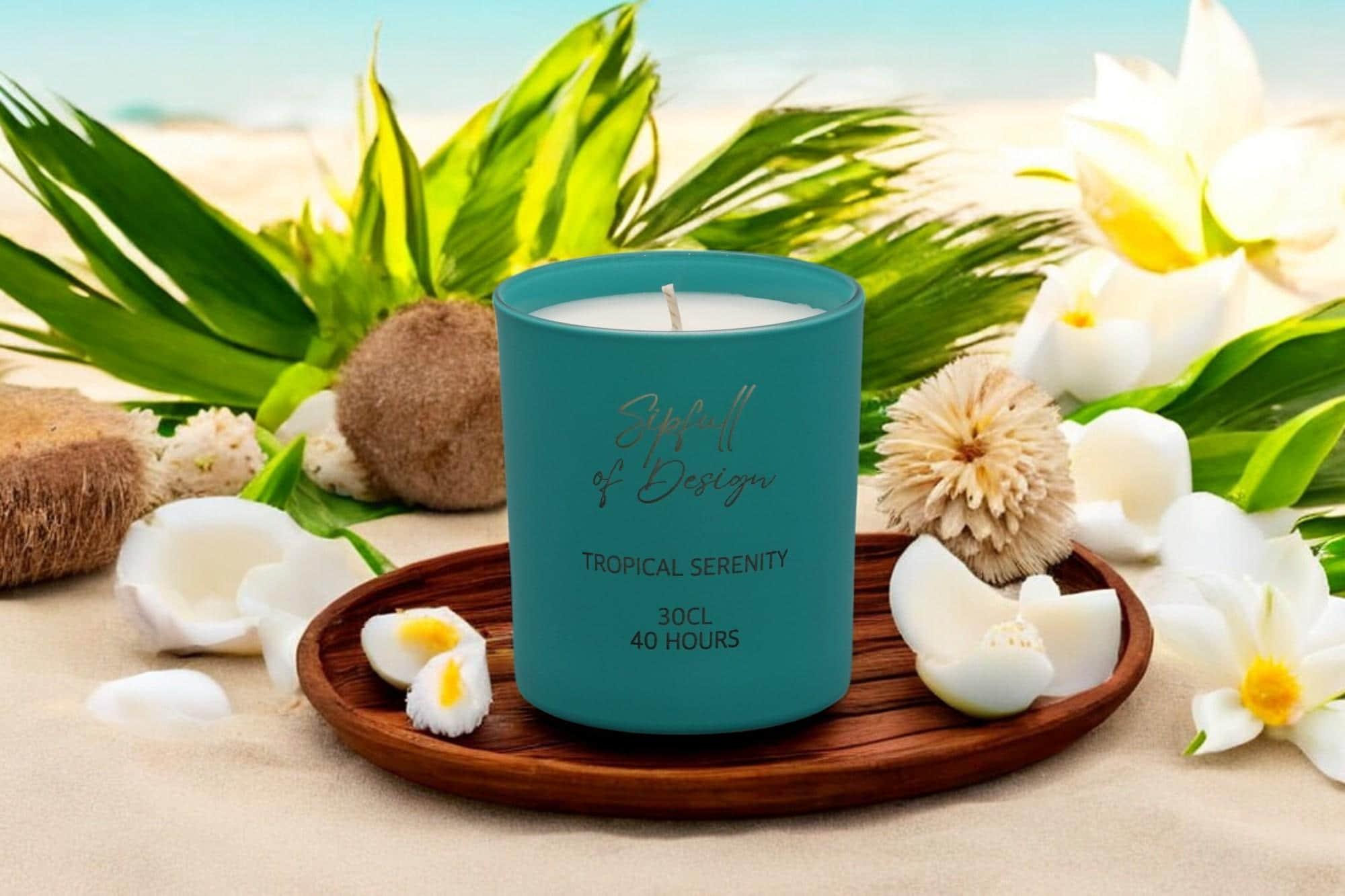 Tropical Serenity Luxury Scented Natural Wax Personalised Candle - 40+ hours burn time - Sipfull of Design