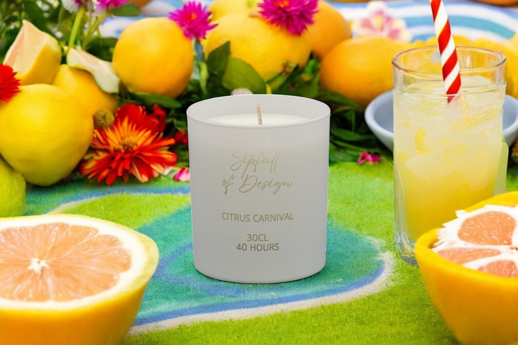 Citrus Carnival Luxury Scented Natural Wax Personalised Candle - 40+ hours burn time - Sipfull of Design