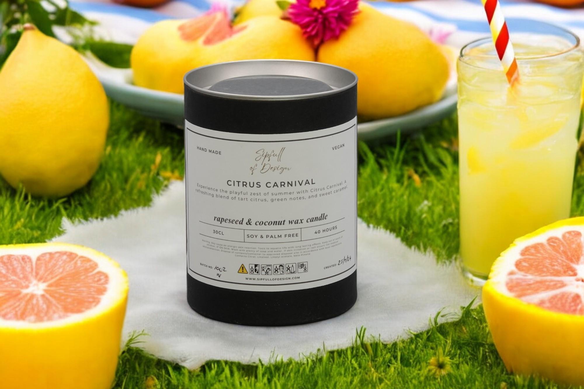 Citrus Carnival Luxury Scented Natural Wax Personalised Candle - 40+ hours burn time - Sipfull of Design