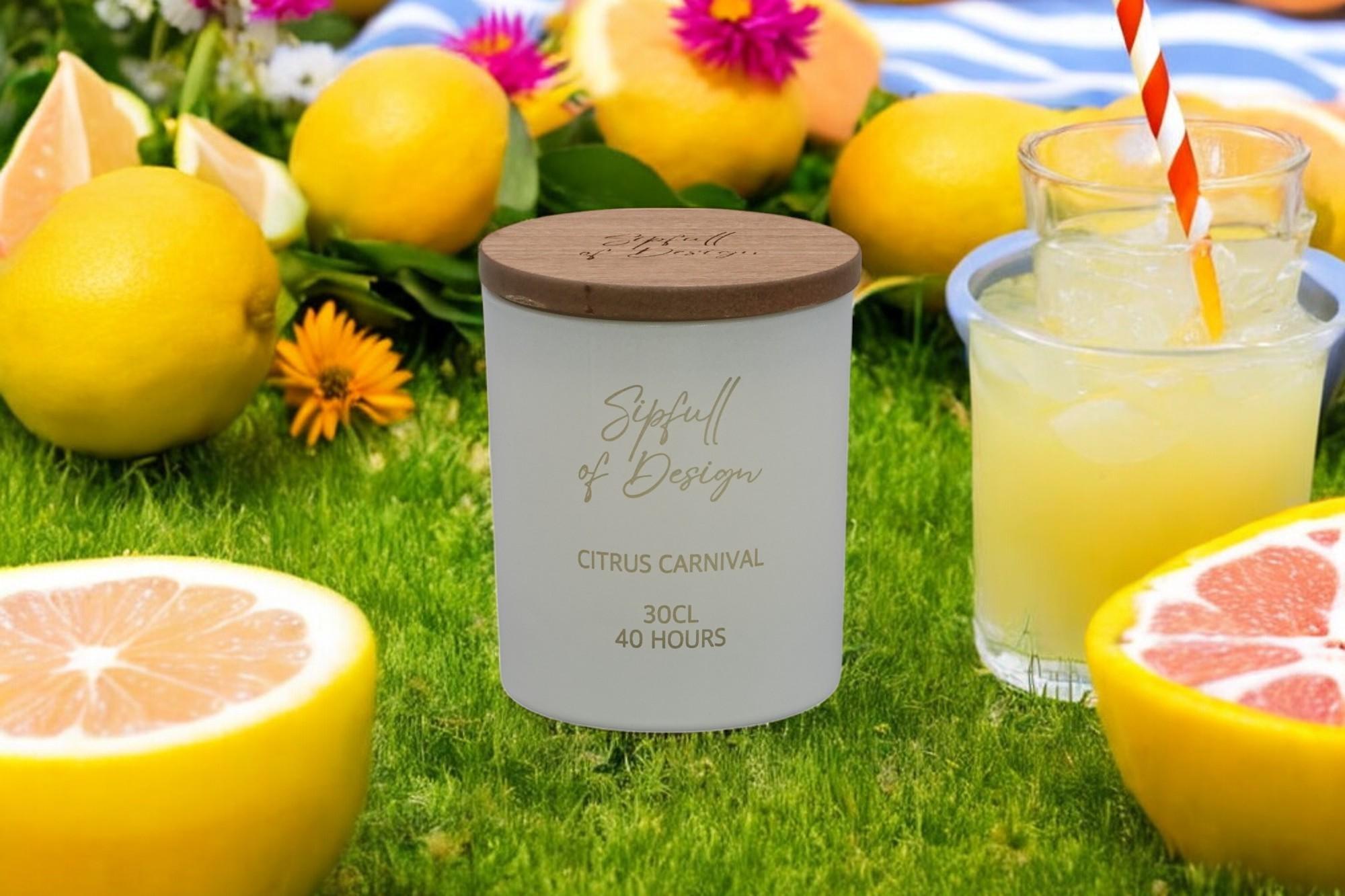 Citrus Carnival Luxury Scented Natural Wax Personalised Candle - 40+ hours burn time - Sipfull of Design