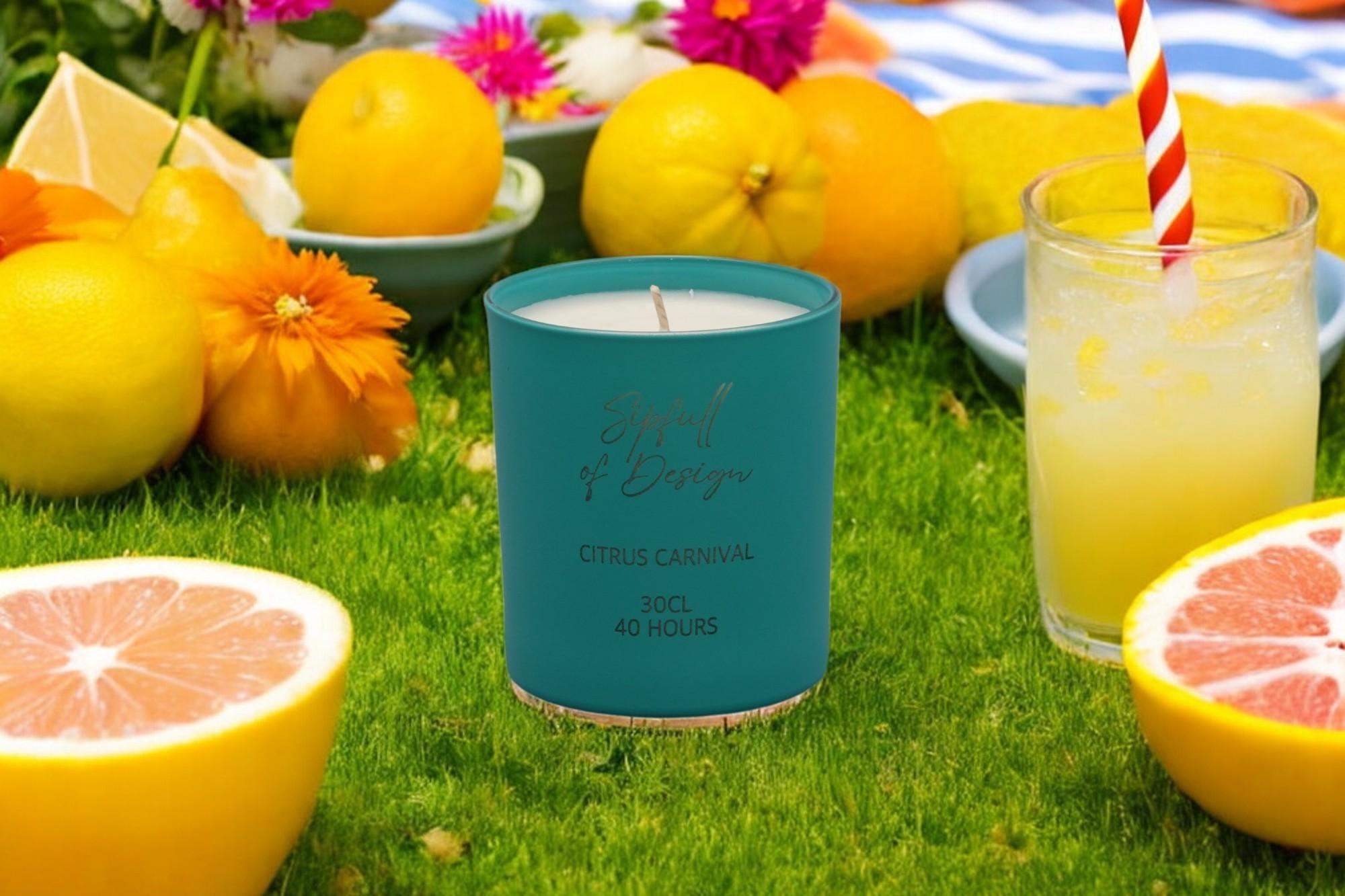 Citrus Carnival Luxury Scented Natural Wax Personalised Candle - 40+ hours burn time - Sipfull of Design