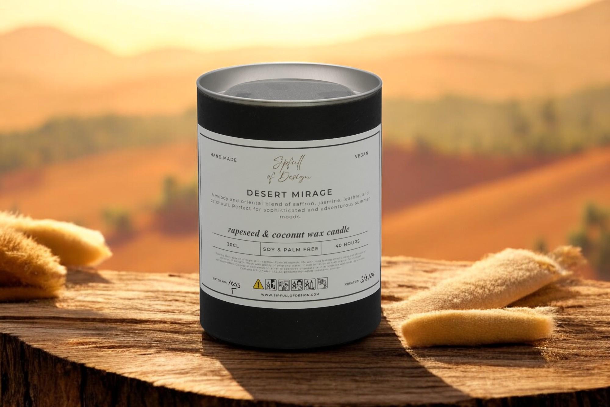 Desert Mirage Luxury Scented Natural Wax Personalised Candle - 40+ hours burn time - Sipfull of Design
