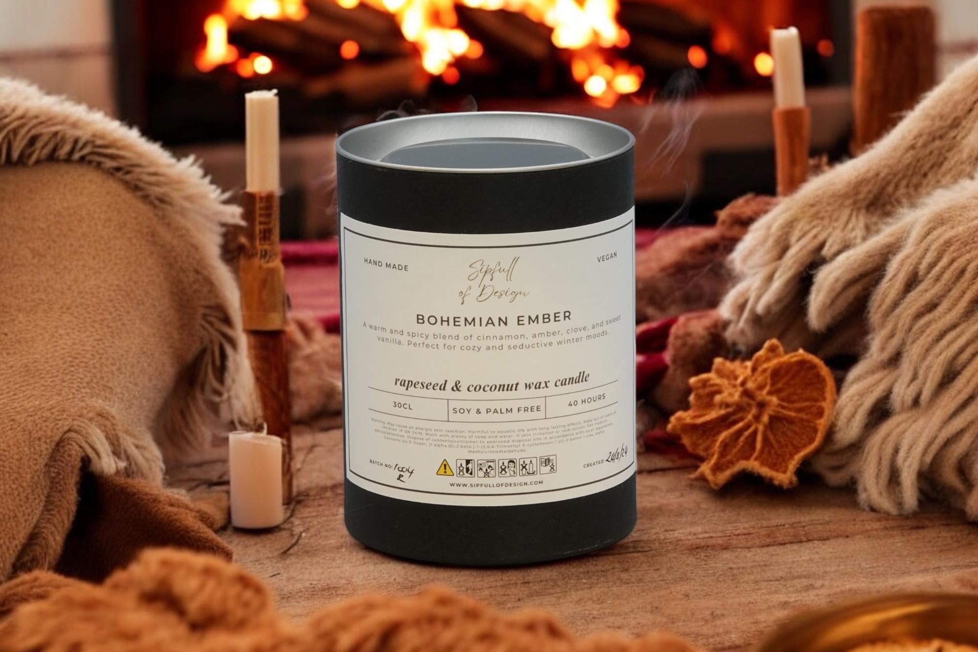 Bohemian Ember Luxury Scented Natural Wax Personalised Candle - 40+ hours burn time - Sipfull of Design