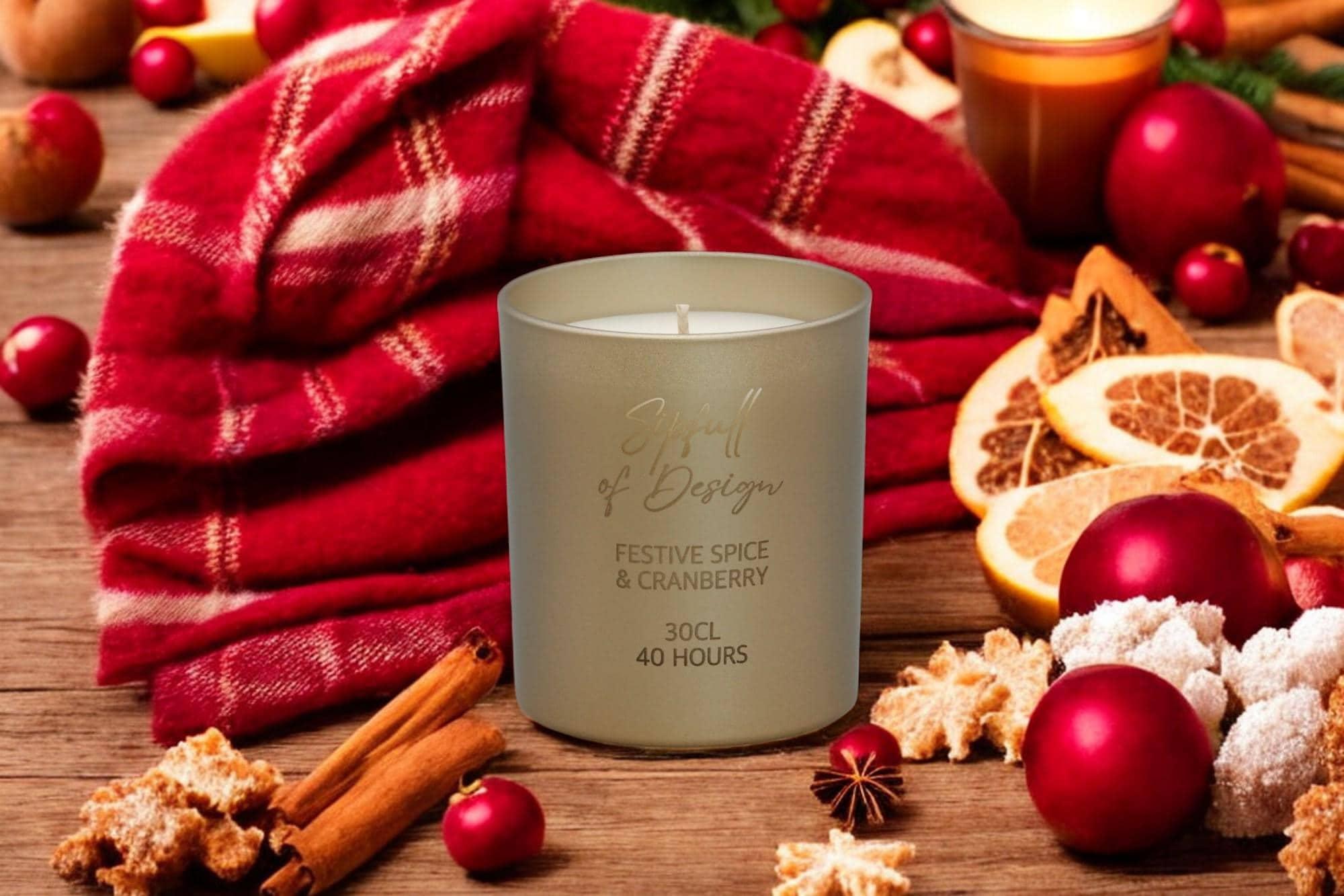Festive Spice & Cranberry Luxury Scented Natural Wax Personalised Candle - 40+ hours burn time - Sipfull of Design