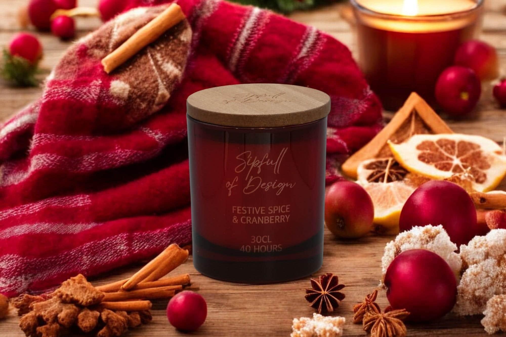 Festive Spice & Cranberry Luxury Scented Natural Wax Personalised Candle - 40+ hours burn time - Sipfull of Design