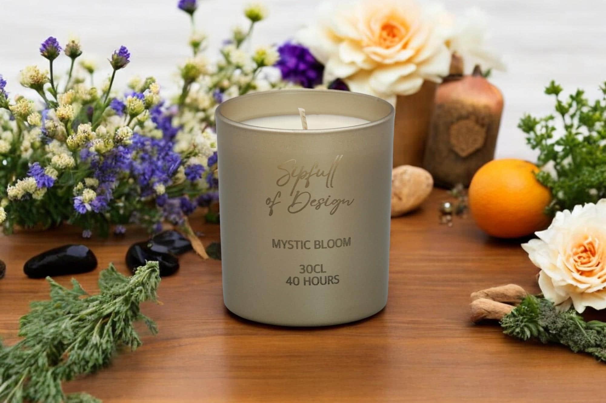 Mystic Bloom Luxury Scented Natural Wax Personalised Candle - 40+ hours burn time - Sipfull of Design