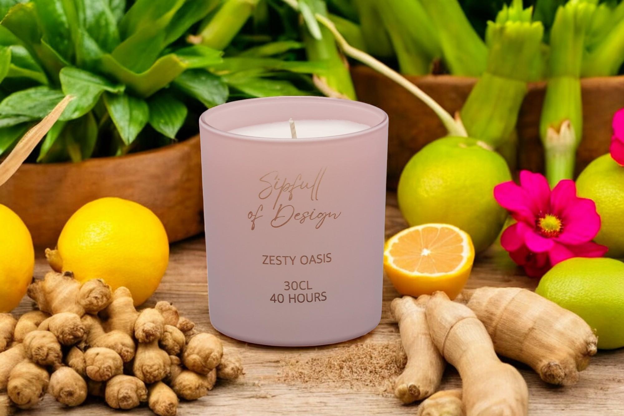 Zesty Oasis Luxury Scented Natural Wax Personalised Candle - 40+ hours burn time - Sipfull of Design