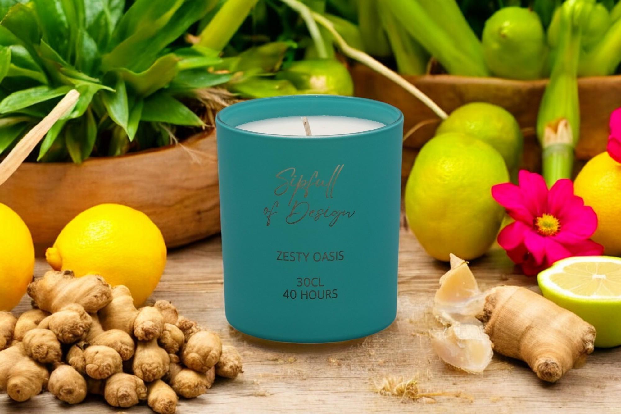 Zesty Oasis Luxury Scented Natural Wax Personalised Candle - 40+ hours burn time - Sipfull of Design