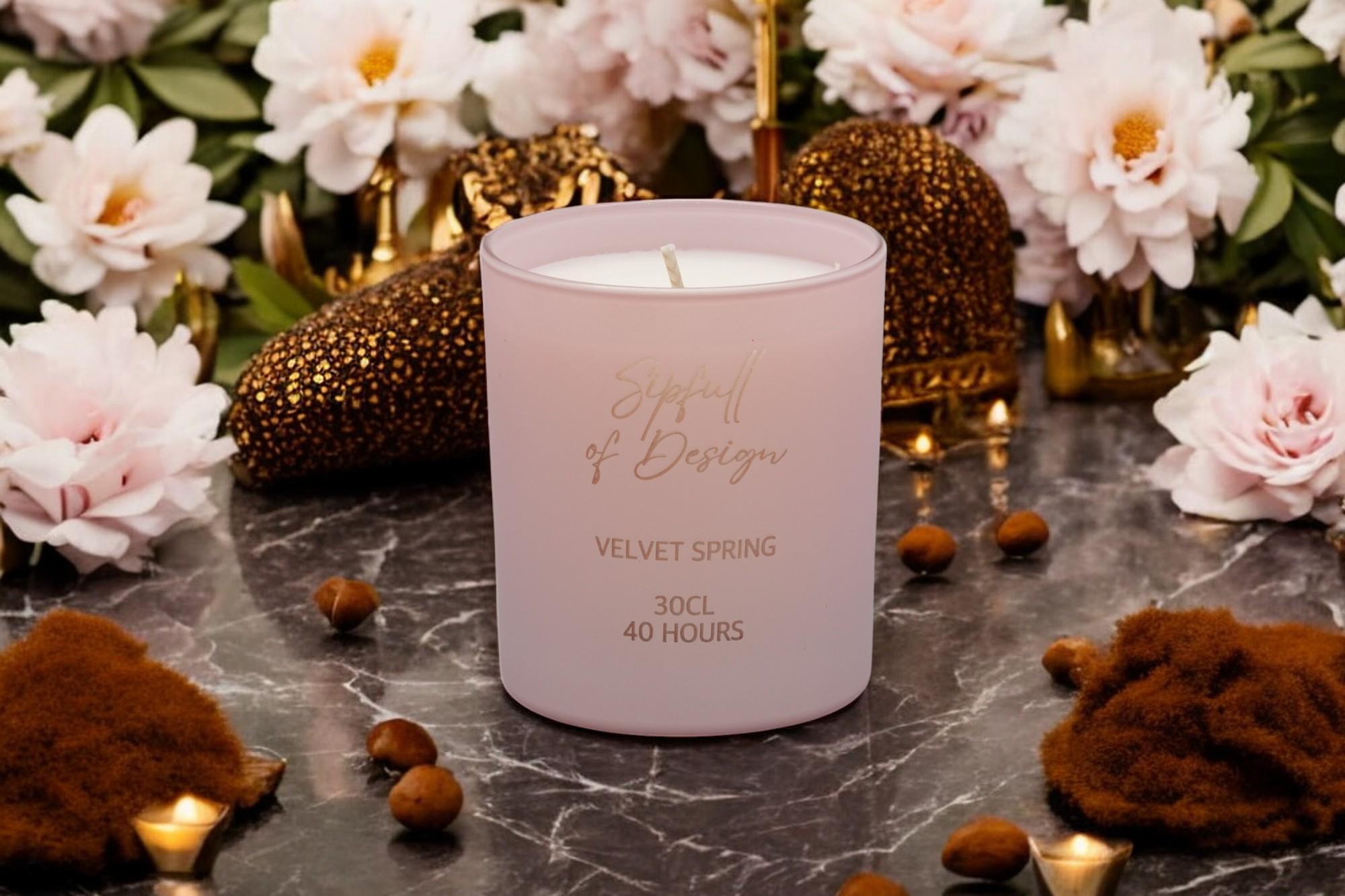 Velvet Spring Luxury Scented Natural Wax Personalised Candle - 40+ hours burn time - Sipfull of Design