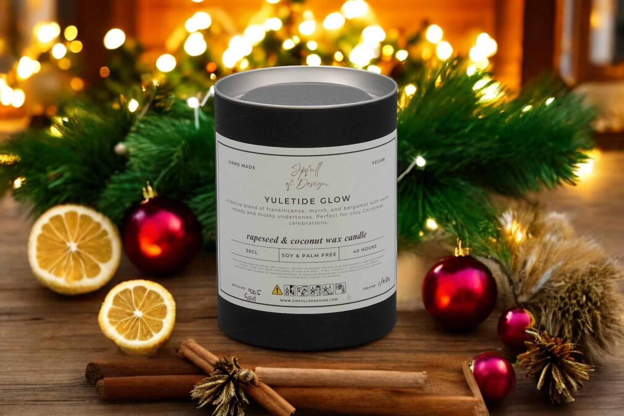 Yuletide Glow Luxury Scented Natural Wax Personalised Candle - 40+ hours burn time - Sipfull of Design