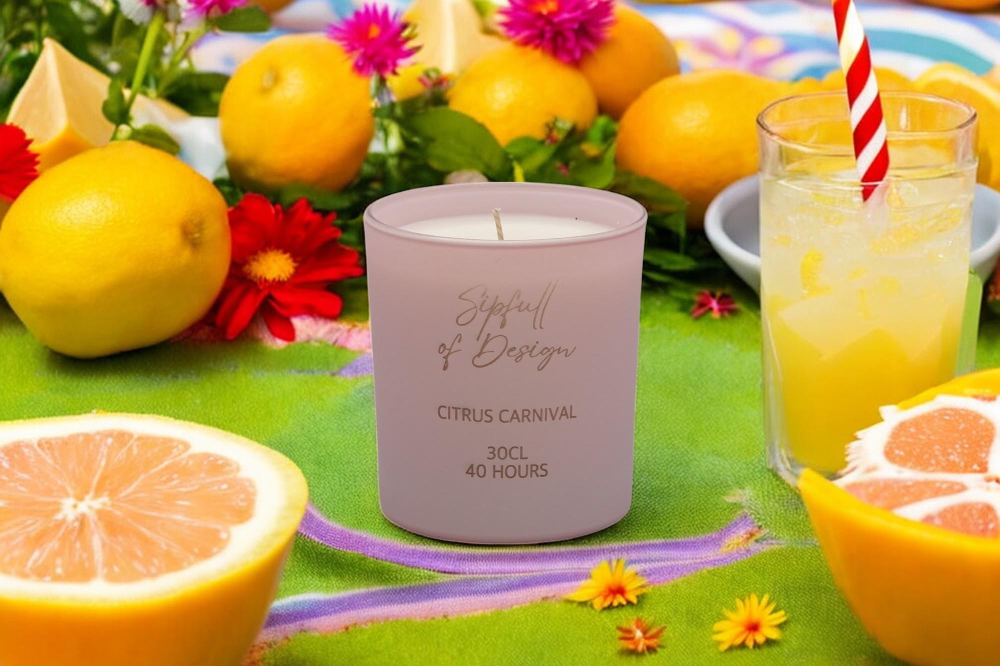 Citrus Carnival Luxury Scented Natural Wax Personalised Candle - 40+ hours burn time - Sipfull of Design
