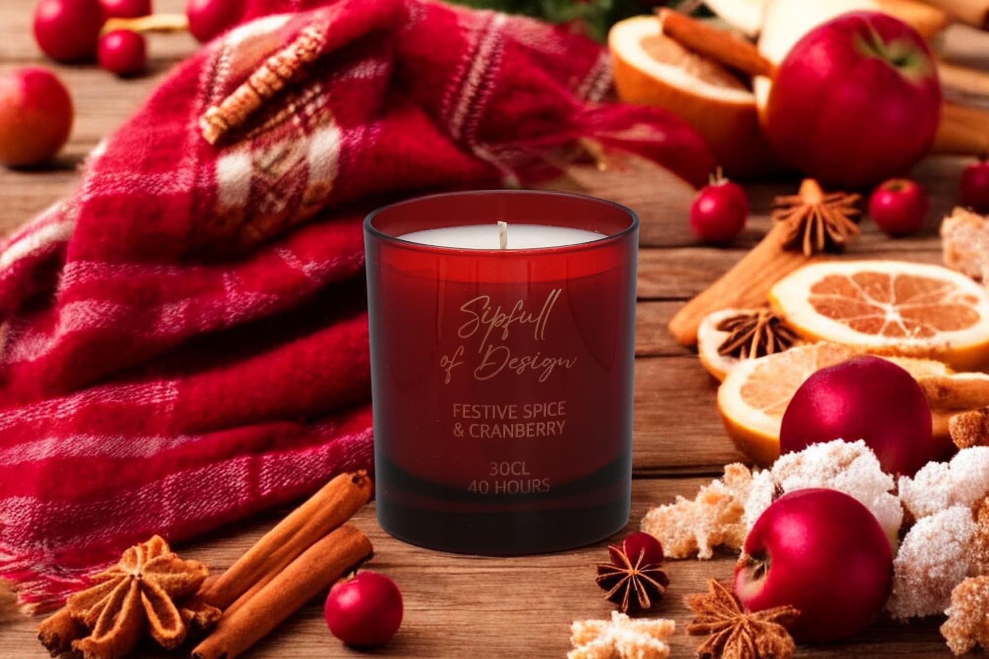 Festive Spice & Cranberry Luxury Scented Natural Wax Personalised Candle - 40+ hours burn time - Sipfull of Design