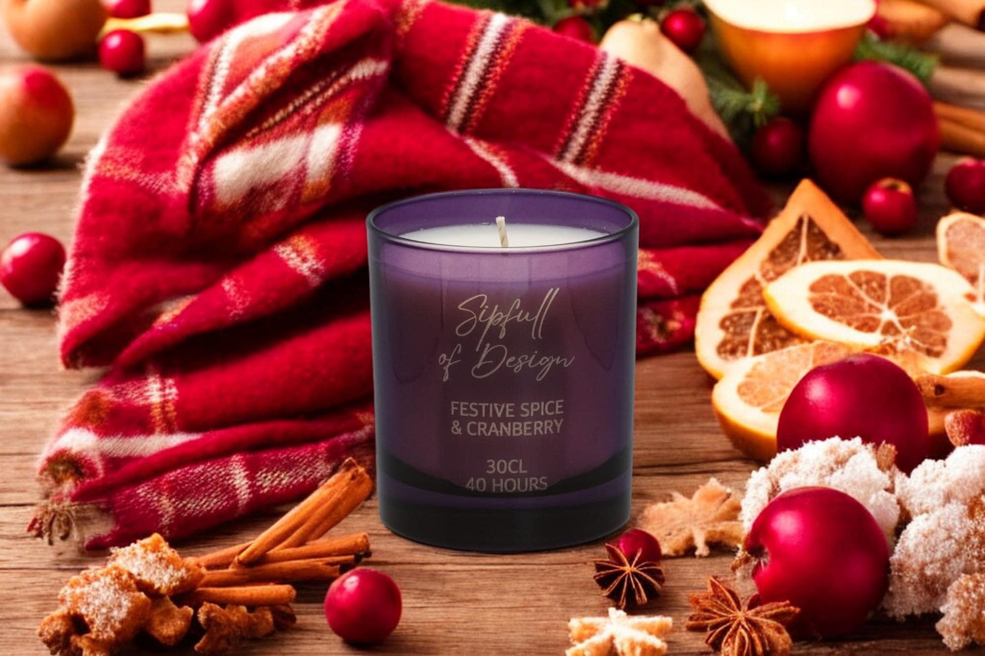 Festive Spice & Cranberry Luxury Scented Natural Wax Personalised Candle - 40+ hours burn time - Sipfull of Design