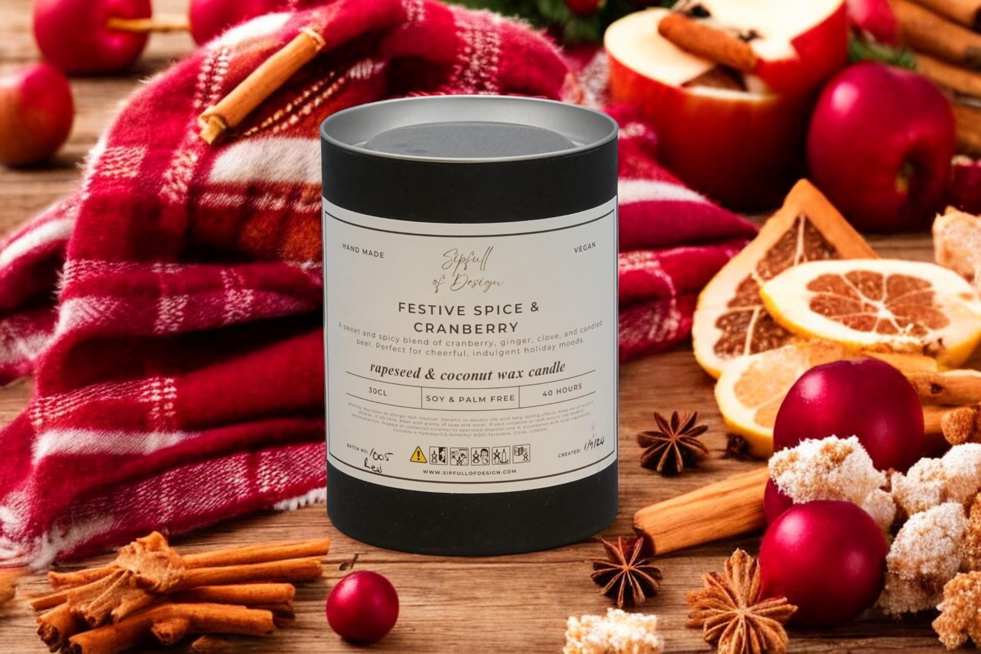 Festive Spice & Cranberry Luxury Scented Natural Wax Personalised Candle - 40+ hours burn time - Sipfull of Design