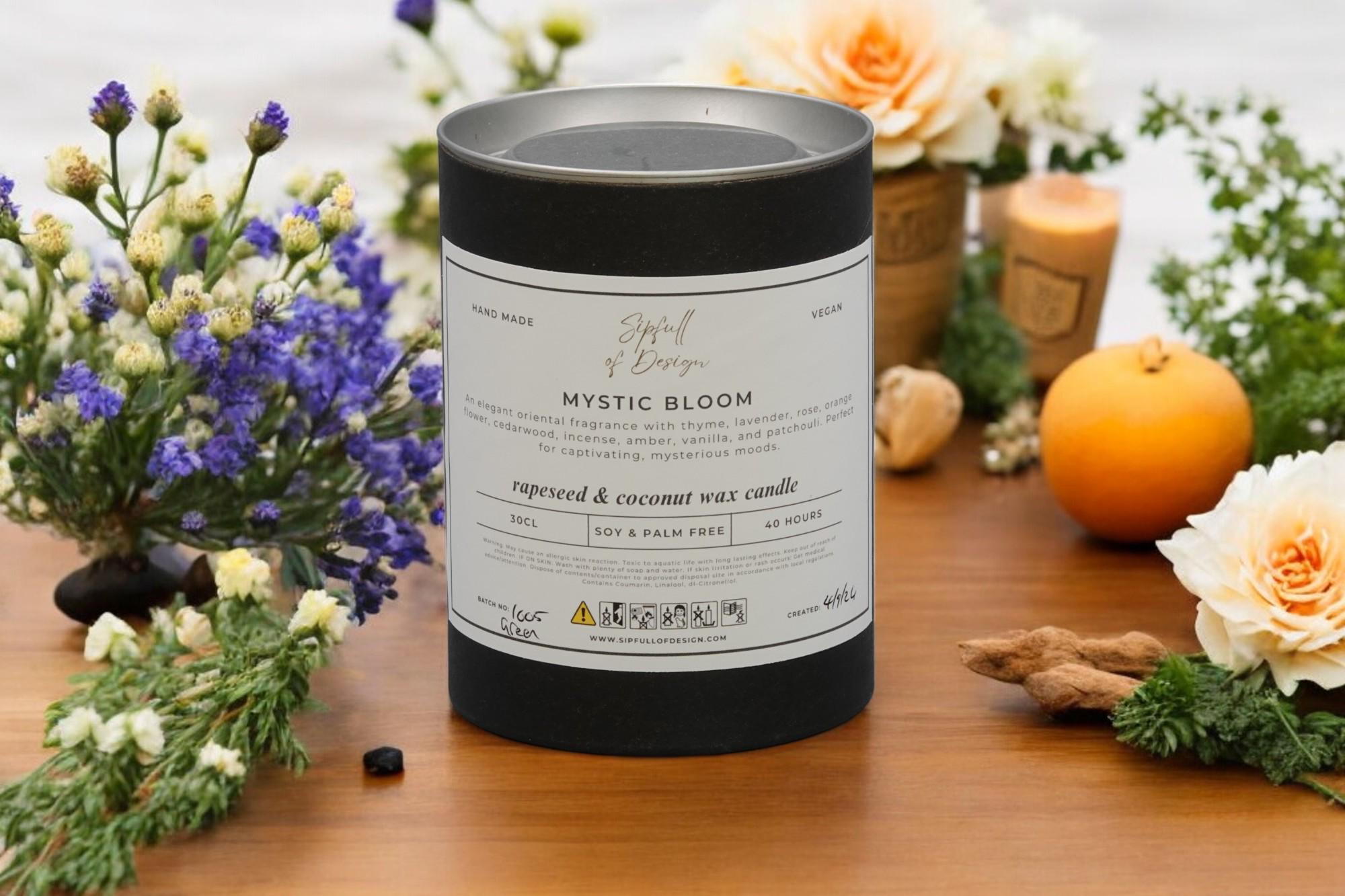 Mystic Bloom Luxury Scented Natural Wax Personalised Candle - 40+ hours burn time - Sipfull of Design