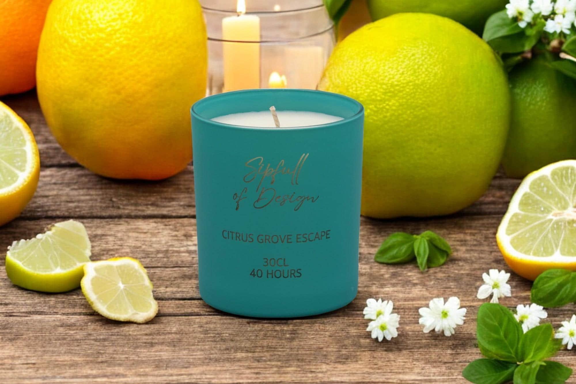 Citrus Grove Escape Luxury Scented Natural Wax Personalised Candle - 40+ hours burn time - Sipfull of Design