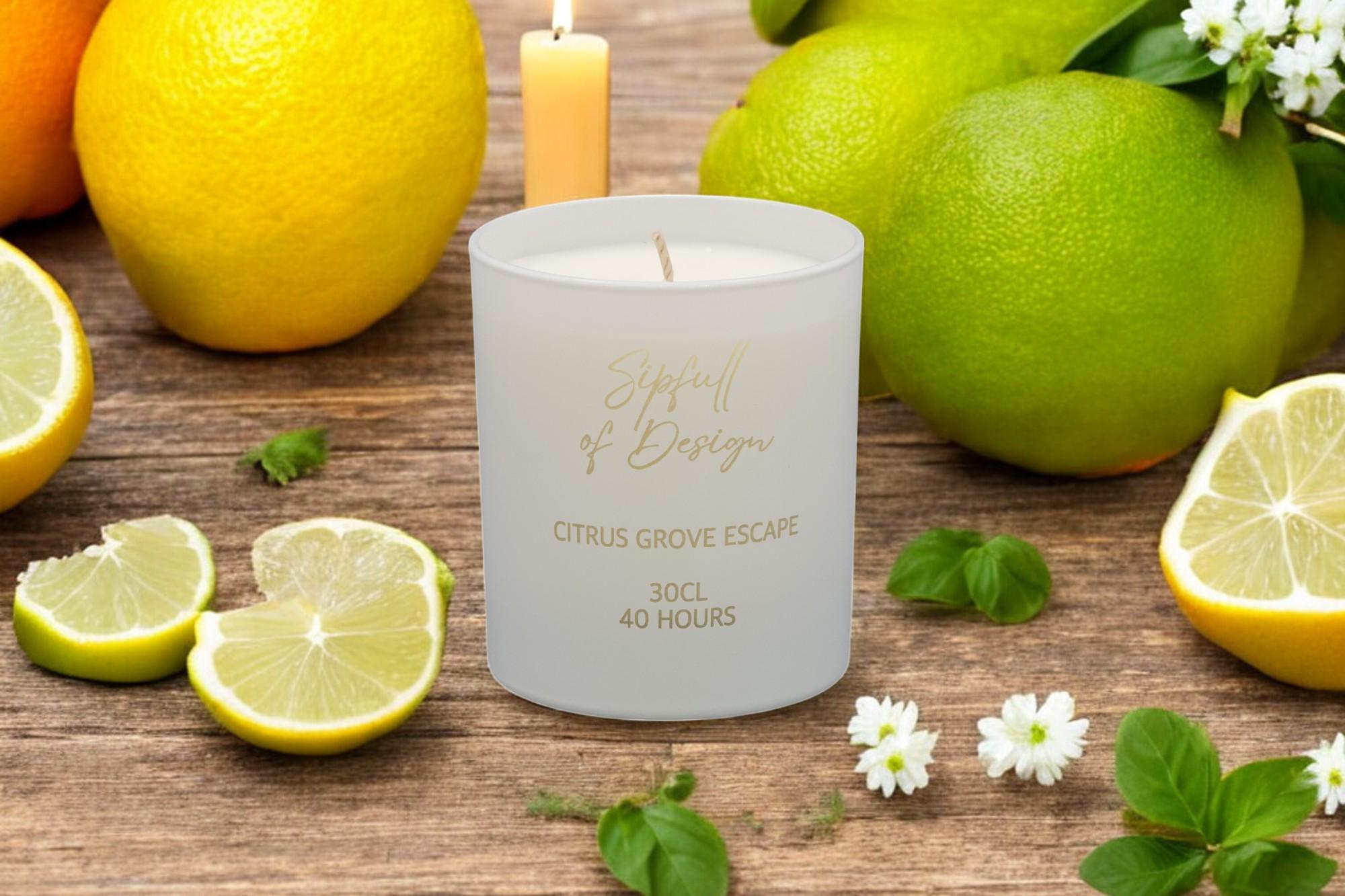 Citrus Grove Escape Luxury Scented Natural Wax Personalised Candle - 40+ hours burn time - Sipfull of Design