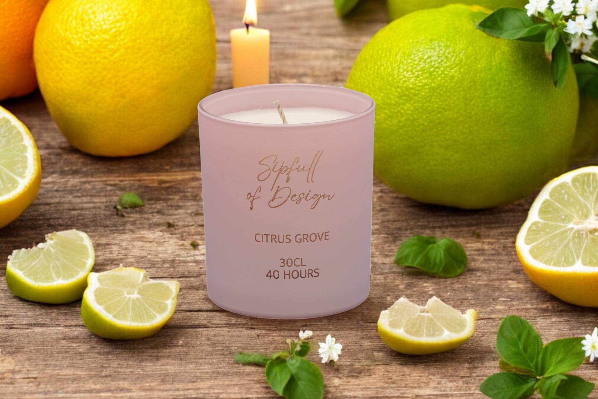Citrus Grove Escape Luxury Scented Natural Wax Personalised Candle - 40+ hours burn time - Sipfull of Design