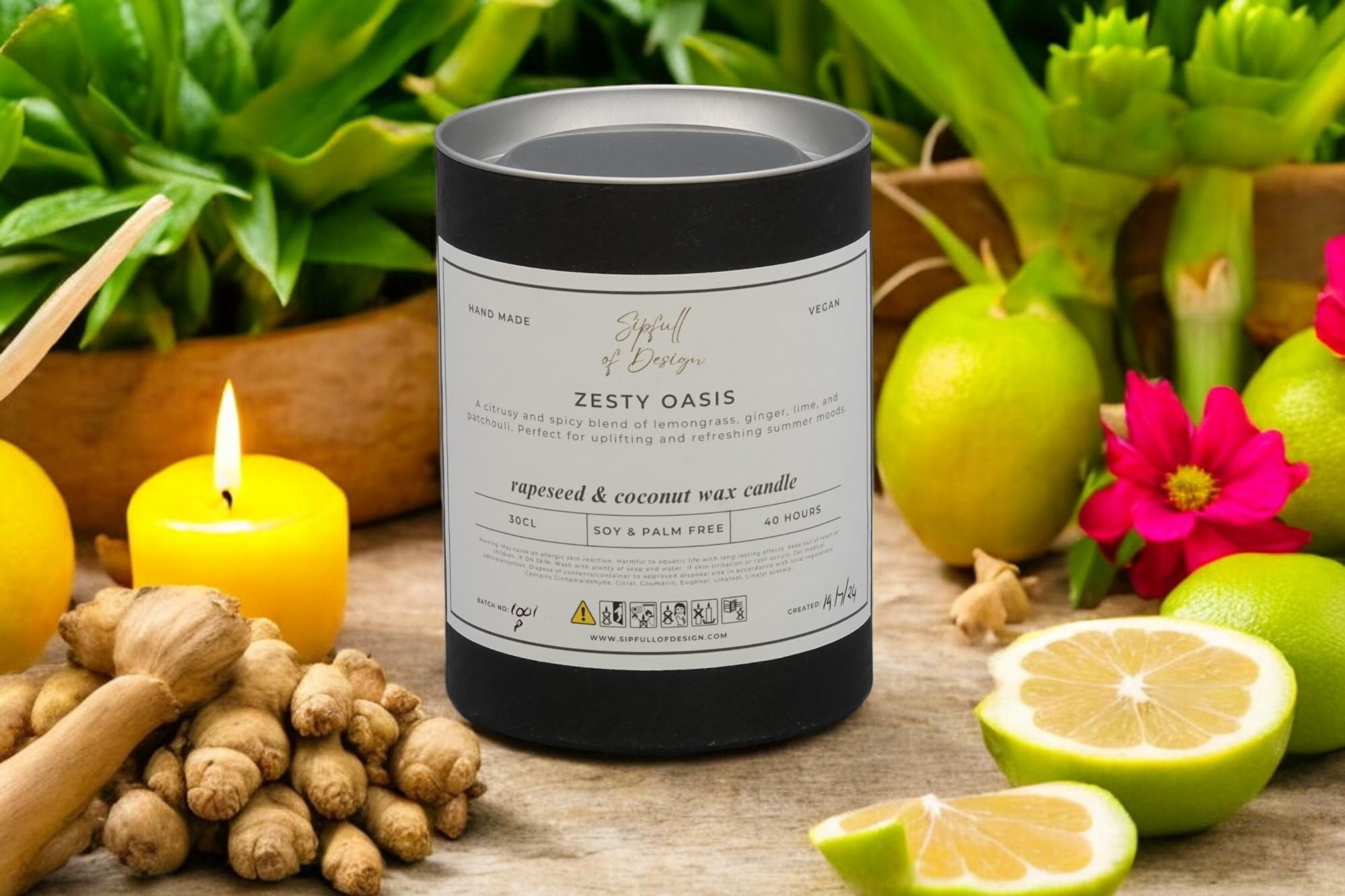 Zesty Oasis Luxury Scented Natural Wax Personalised Candle - 40+ hours burn time - Sipfull of Design
