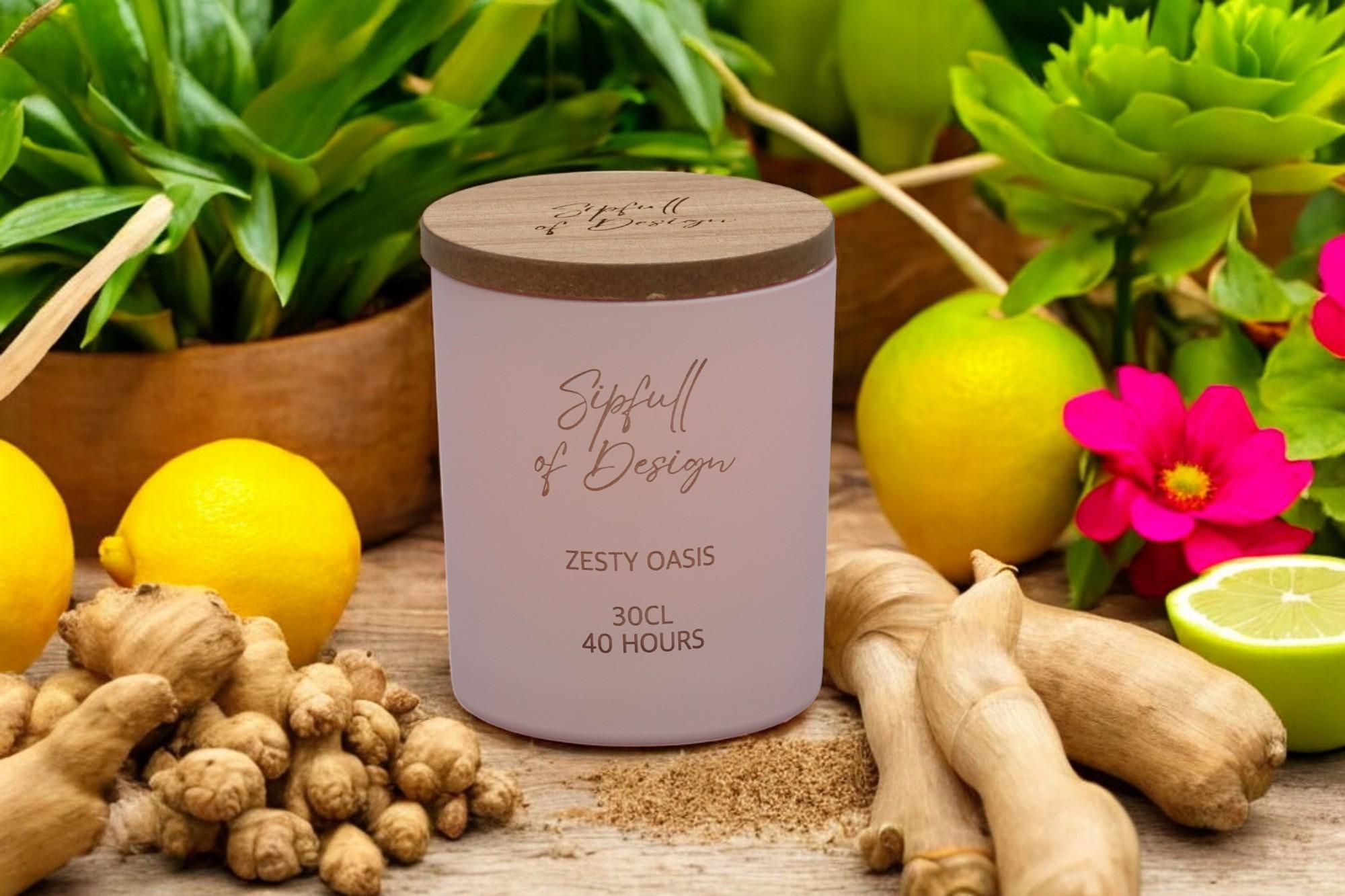 Zesty Oasis Luxury Scented Natural Wax Personalised Candle - 40+ hours burn time - Sipfull of Design