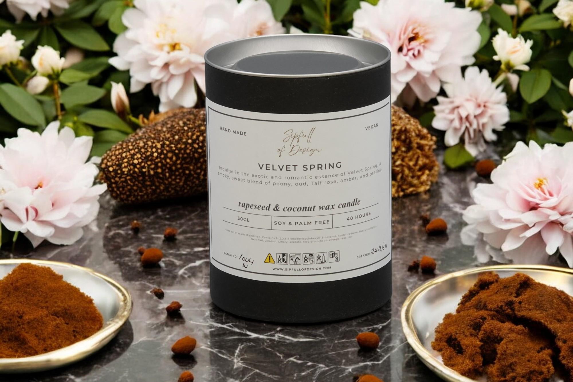 Velvet Spring Luxury Scented Natural Wax Personalised Candle - 40+ hours burn time - Sipfull of Design