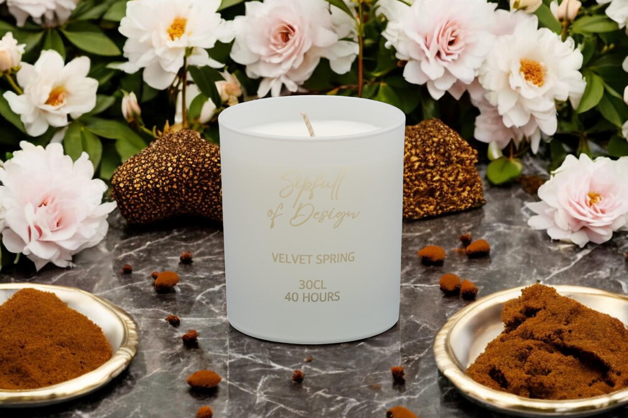 Velvet Spring Luxury Scented Natural Wax Personalised Candle - 40+ hours burn time - Sipfull of Design