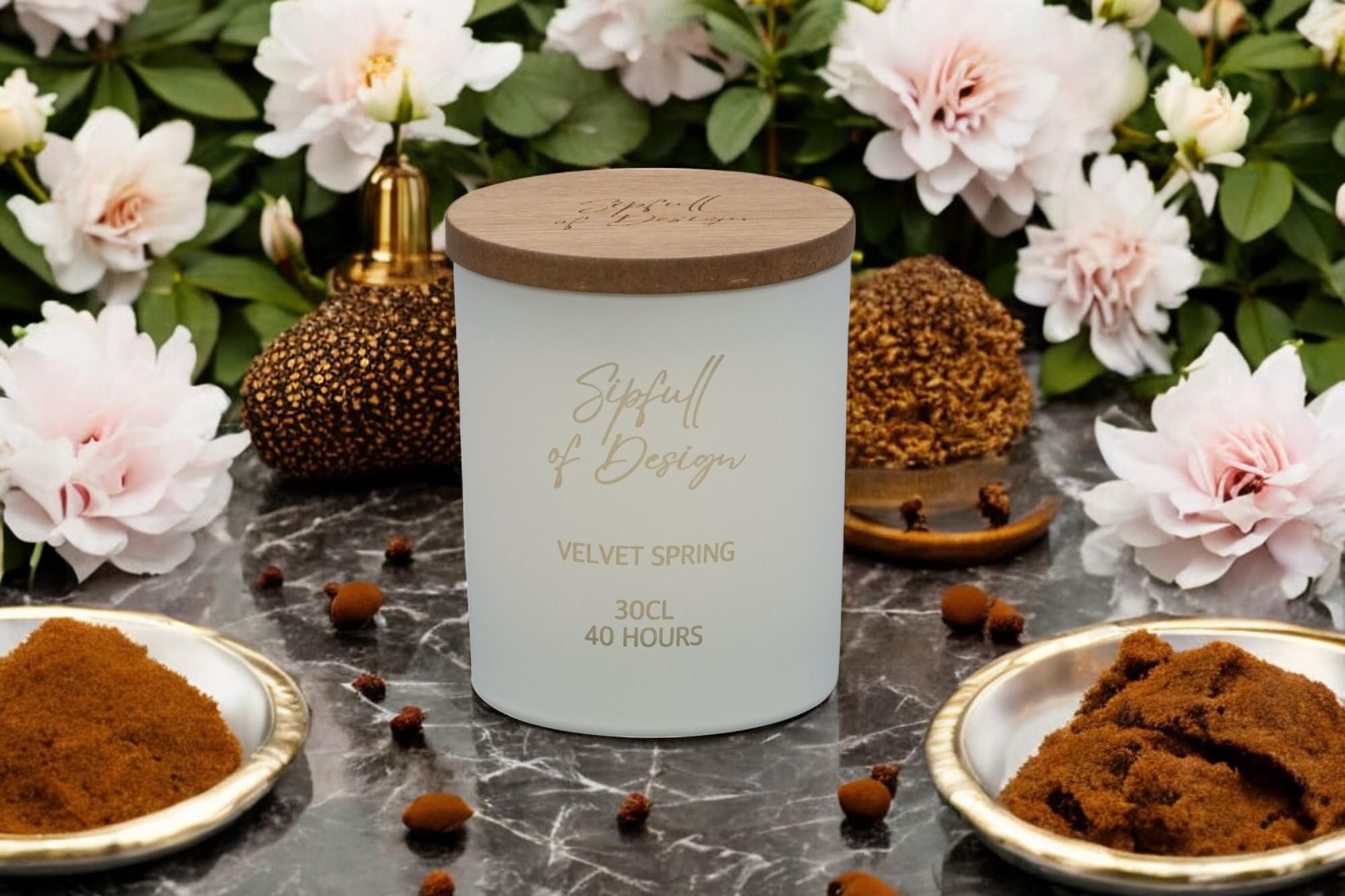 Velvet Spring Luxury Scented Natural Wax Personalised Candle - 40+ hours burn time - Sipfull of Design