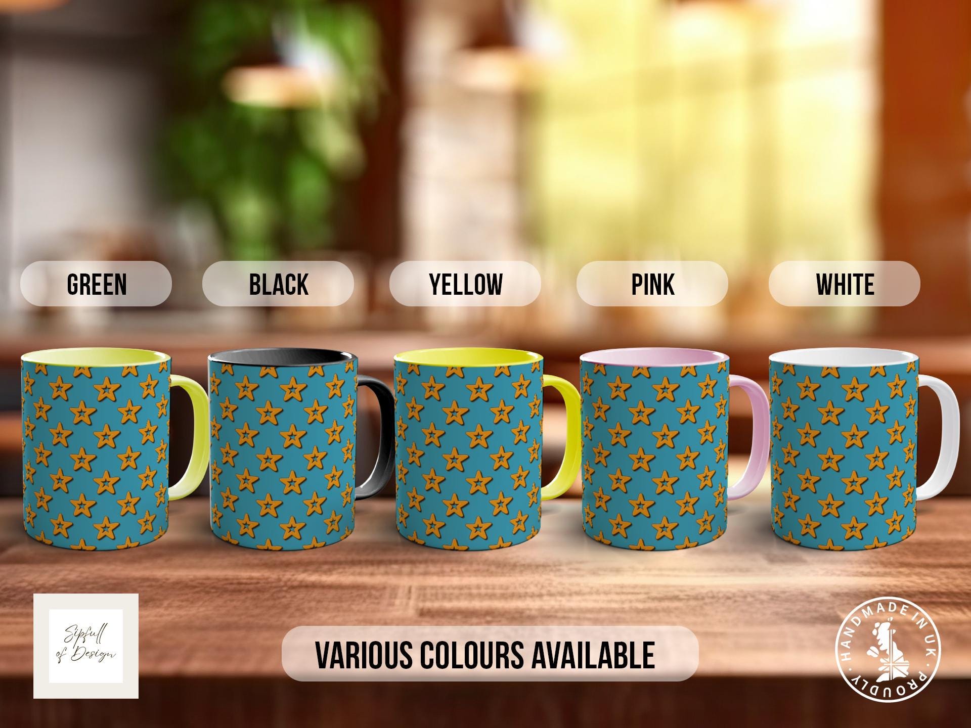 Orange Retro Stars Pattern Full Wrap Coloured Art Mug - Design 7
