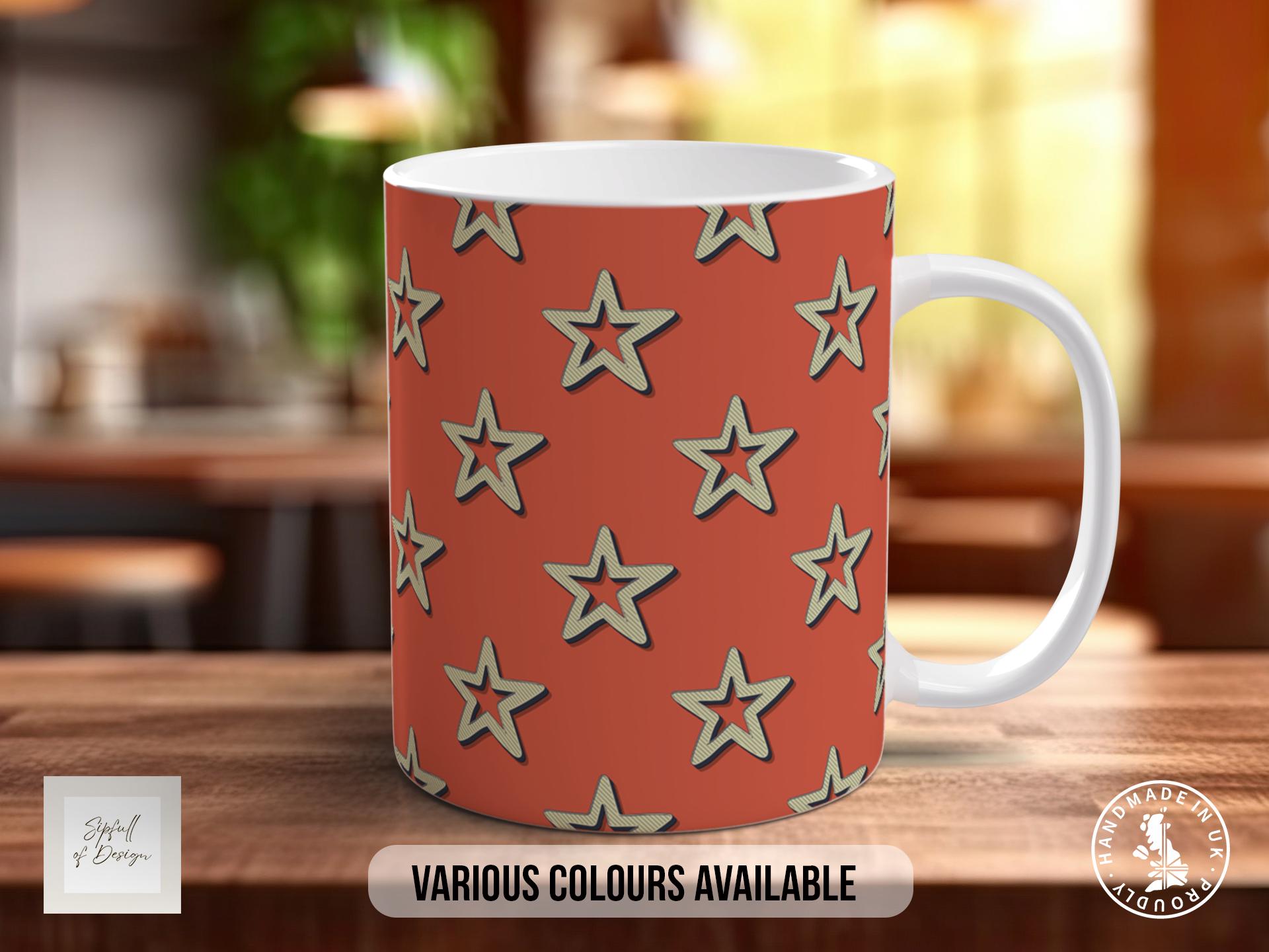 Gold on Red Retro Stars Pattern Full Wrap Coloured Art Mug - Design 8