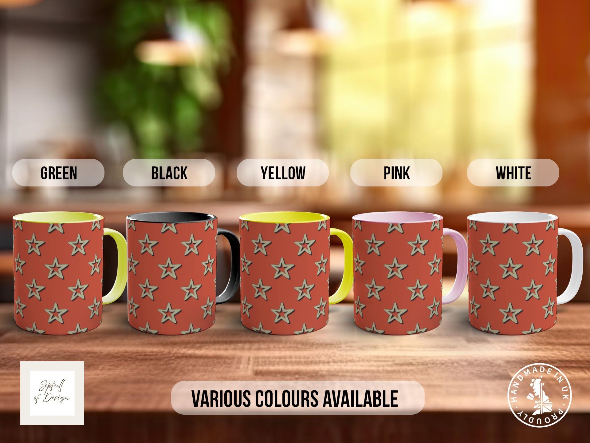 Gold on Red Retro Stars Pattern Full Wrap Coloured Art Mug - Design 8