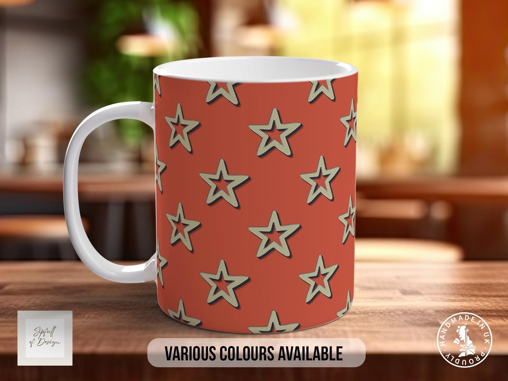 Gold on Red Retro Stars Pattern Full Wrap Coloured Art Mug - Design 8