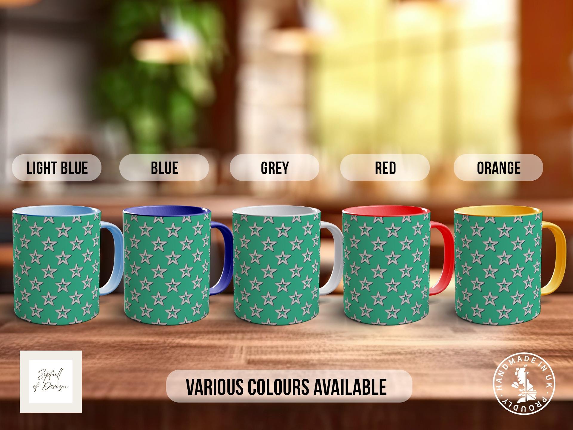 White on Green Retro Stars Pattern Full Wrap Coloured Art Mug - Design 9