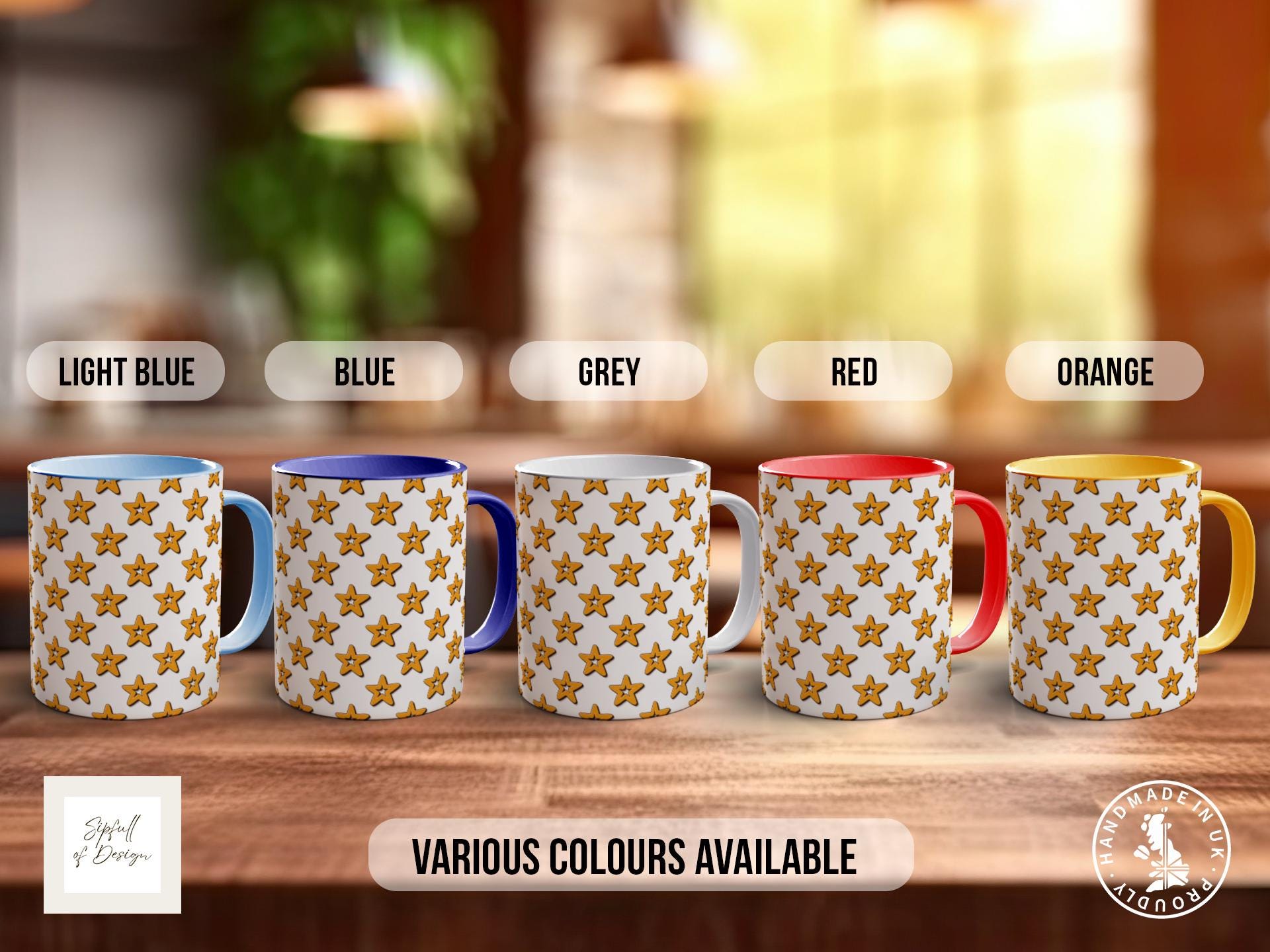 Gold on White Retro Stars Pattern Full Wrap Coloured Art Mug - Design 10