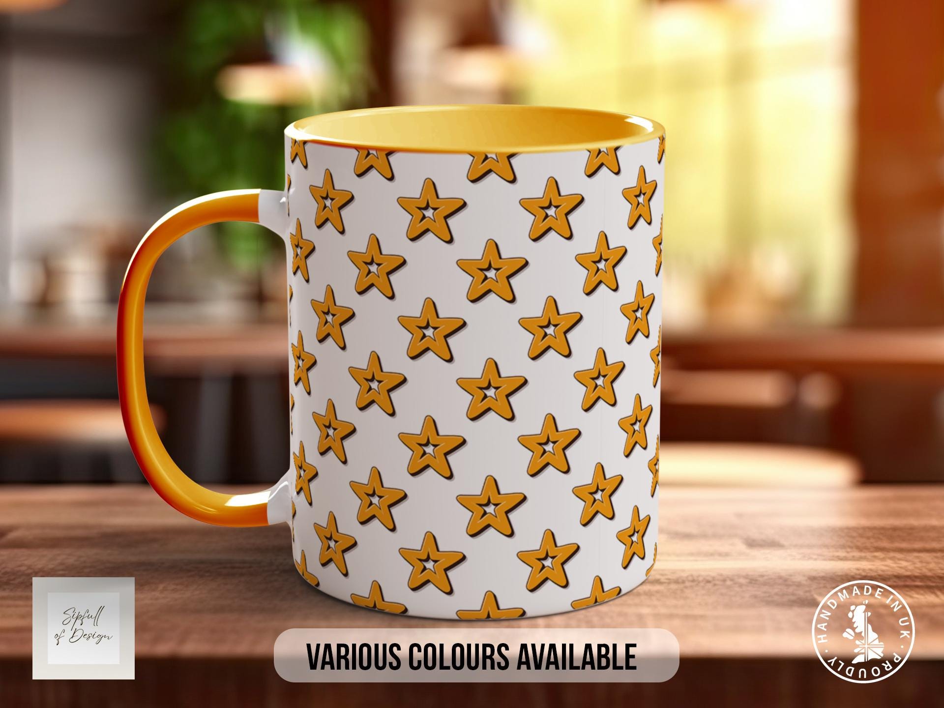 Gold on White Retro Stars Pattern Full Wrap Coloured Art Mug - Design 10