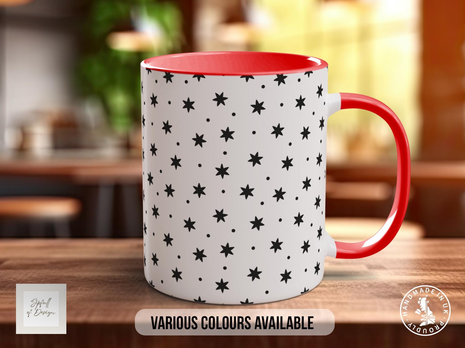 Black Stars & Dots Pattern Full Wrap Coloured Art Mug - Design 13