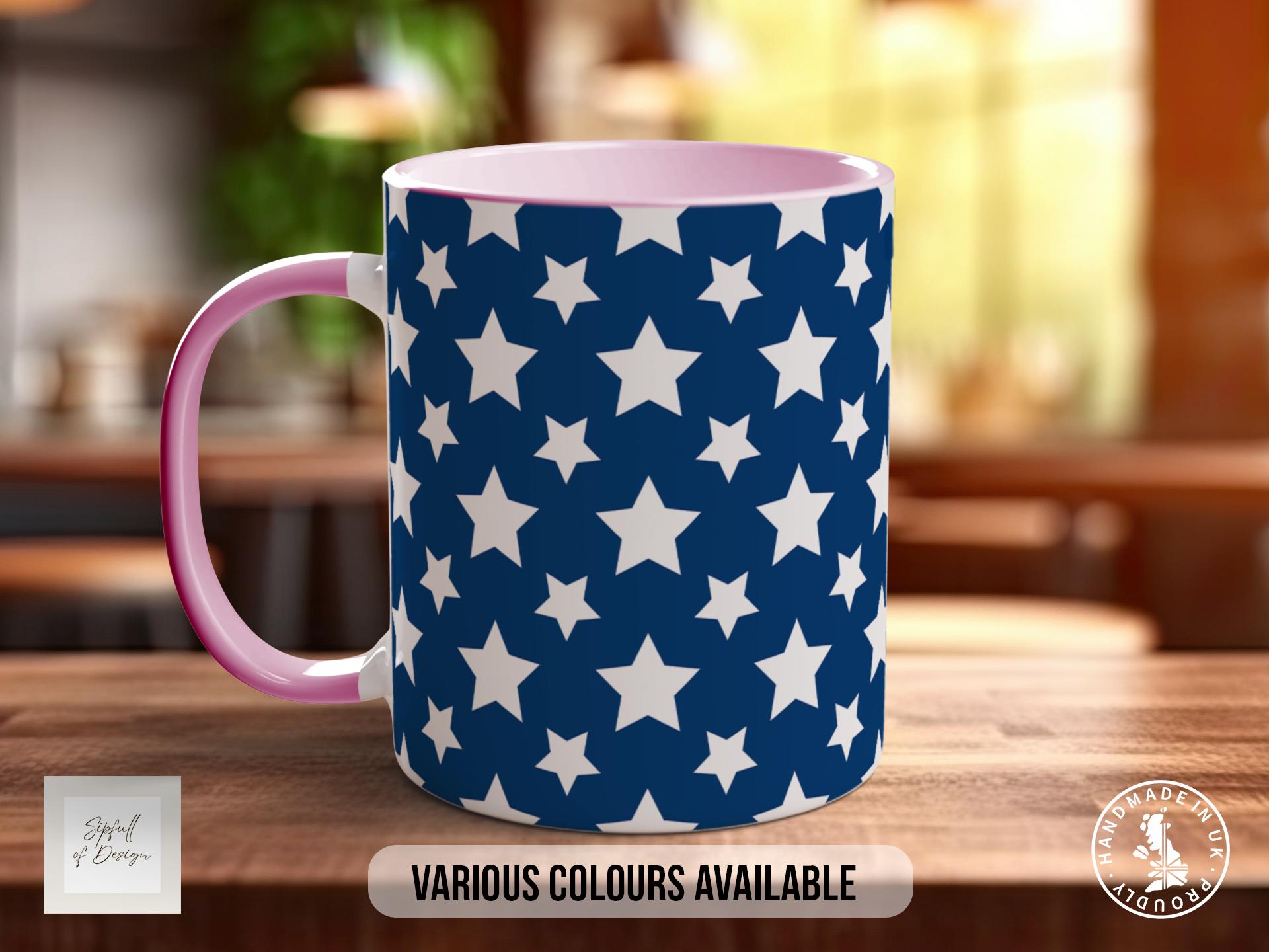 White on Blue Star Pattern Full Wrap Coloured Art Mug - Design 20