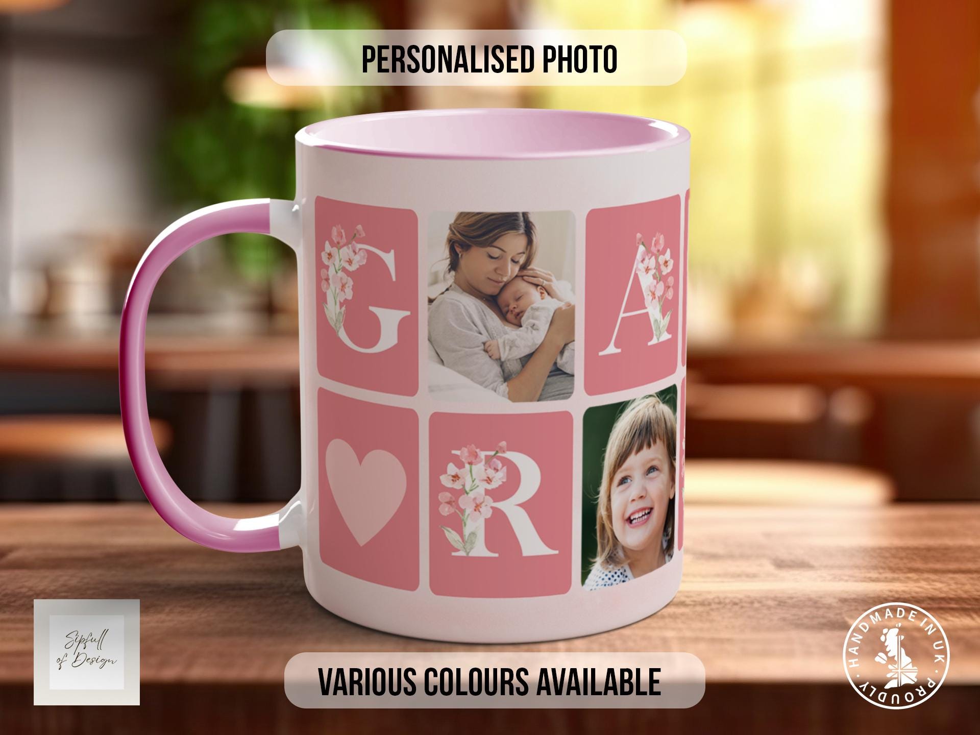 Grandma Mothers Day Personalised Photo Mug - Coloured with Your Photos - Coloured 11oz and Bone China 15oz options