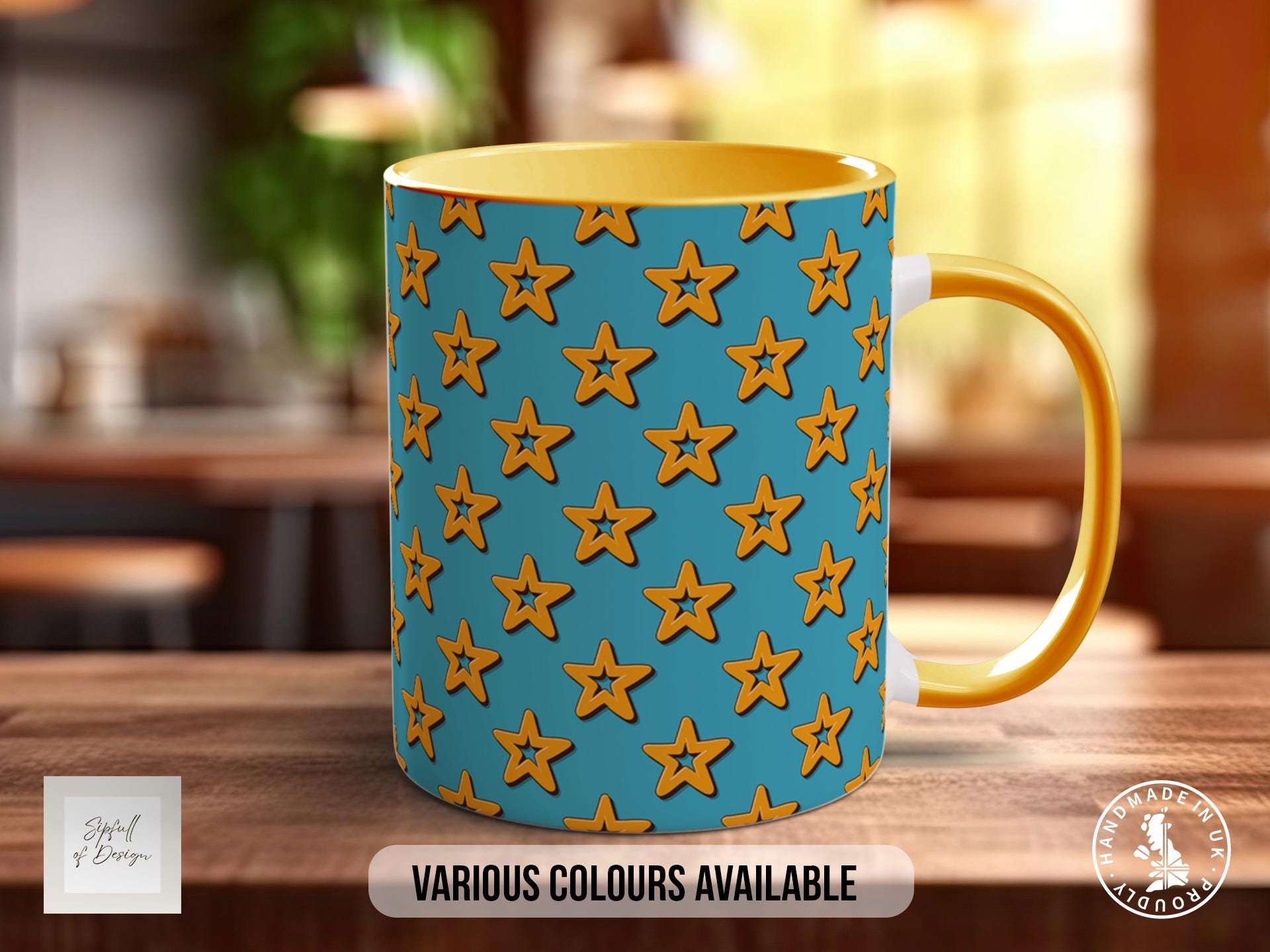 Orange Retro Stars Pattern Full Wrap Coloured Art Mug - Design 7