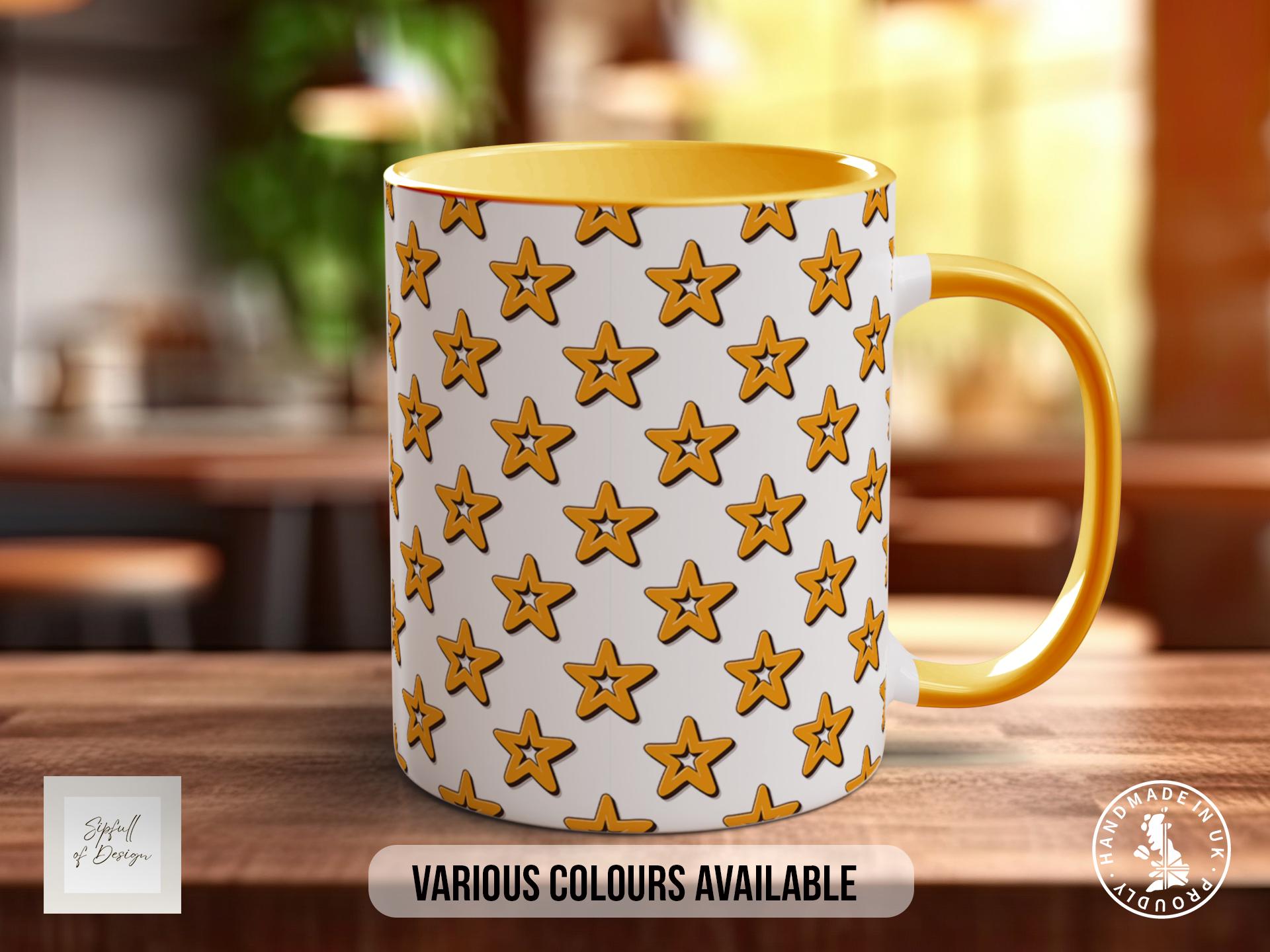 Gold on White Retro Stars Pattern Full Wrap Coloured Art Mug - Design 10