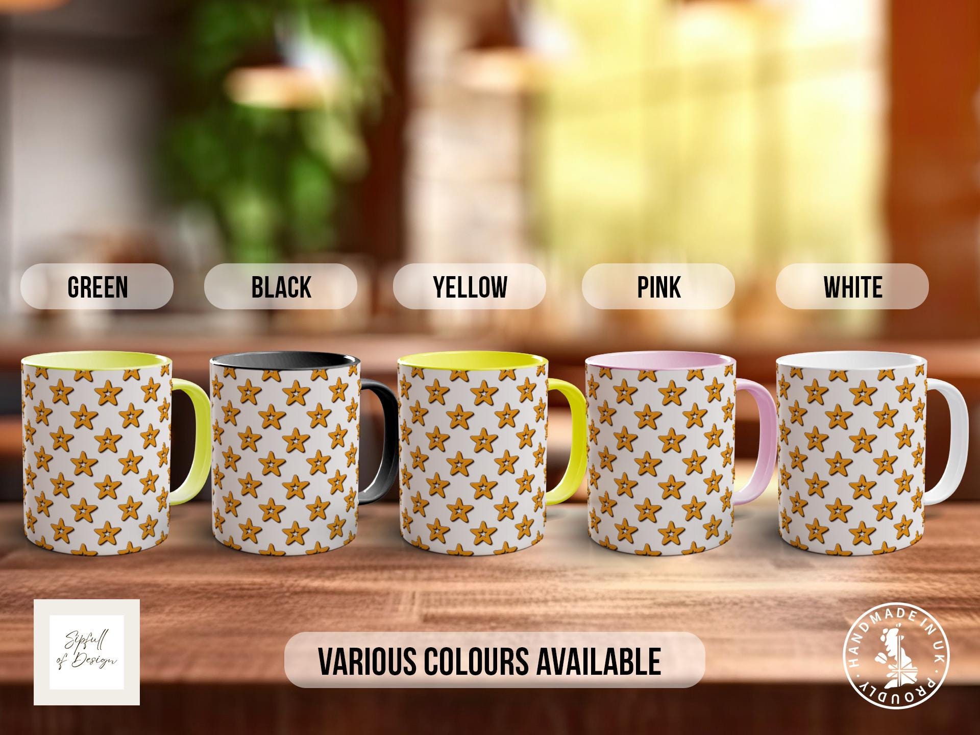 Gold on White Retro Stars Pattern Full Wrap Coloured Art Mug - Design 10