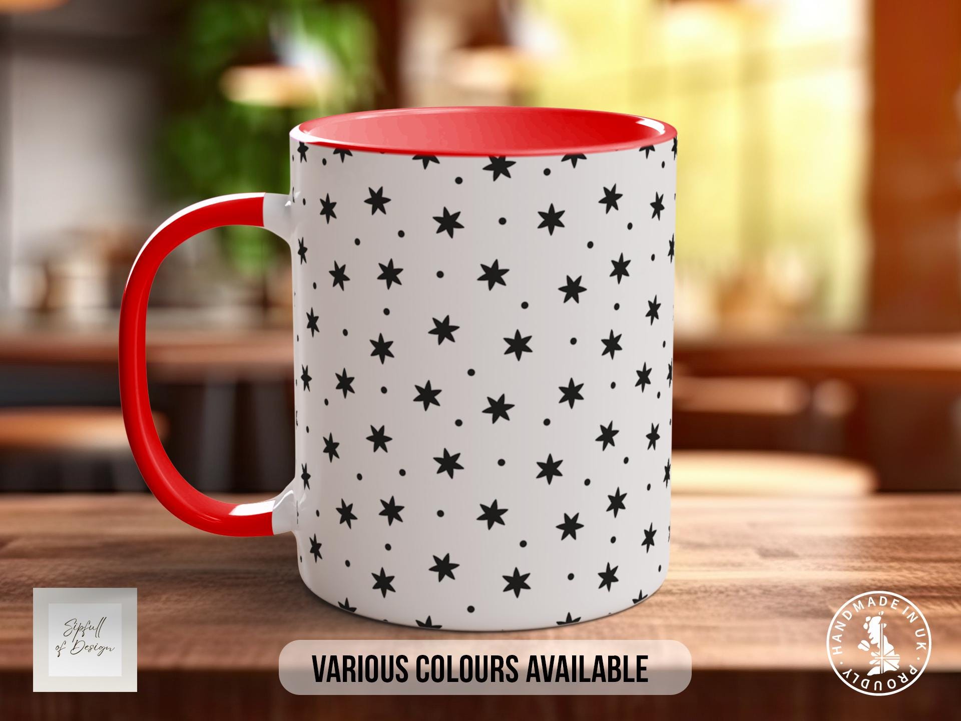 Black Stars & Dots Pattern Full Wrap Coloured Art Mug - Design 13