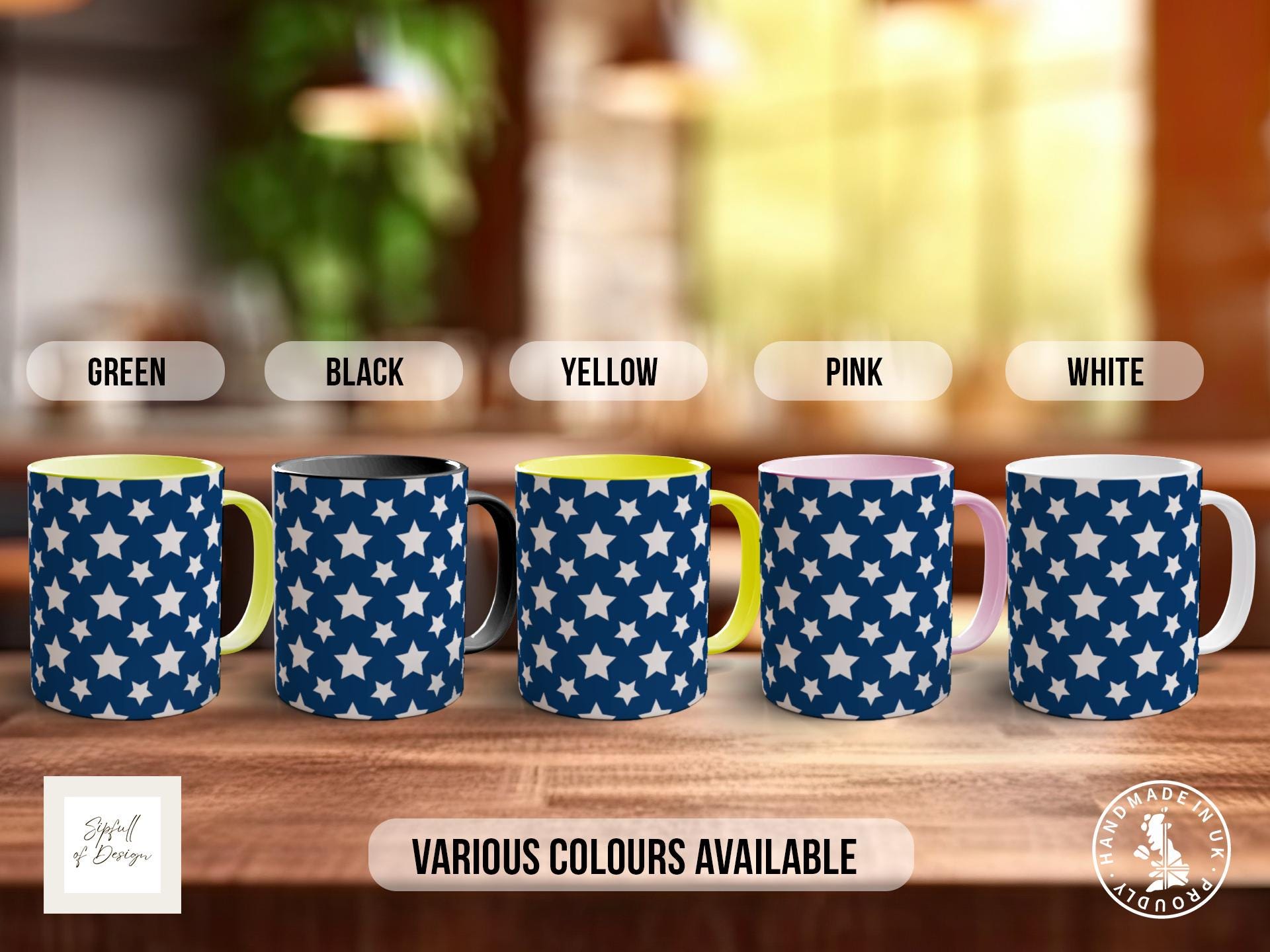 White on Blue Star Pattern Full Wrap Coloured Art Mug - Design 20